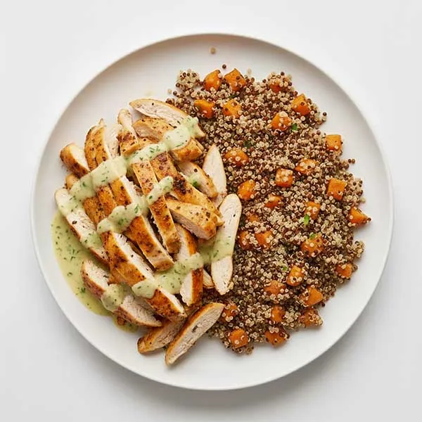 Brick  house roasted chicken with quinoa carrot mix and lemon parsley sauce